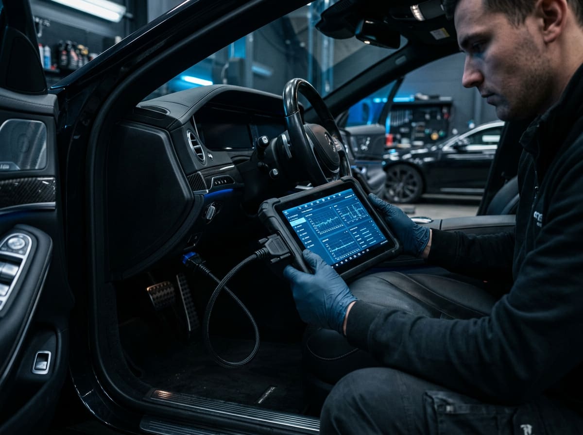 Technician reading every control unit of a Mercedes with a diagnostic tablet — OBD diagnostics using original software