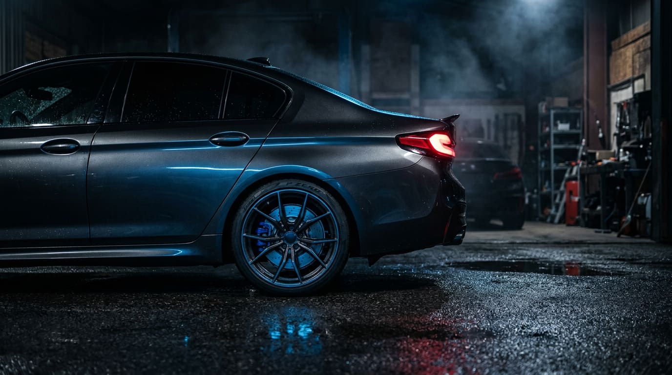 BMW M5 in the workshop at night — vehicle coding and chiptuning by DQcoding in Niederbipp, Switzerland