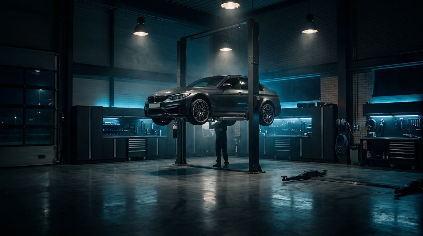 BMW on the lift in the workshop — mobile coding, diagnostics and power upgrades